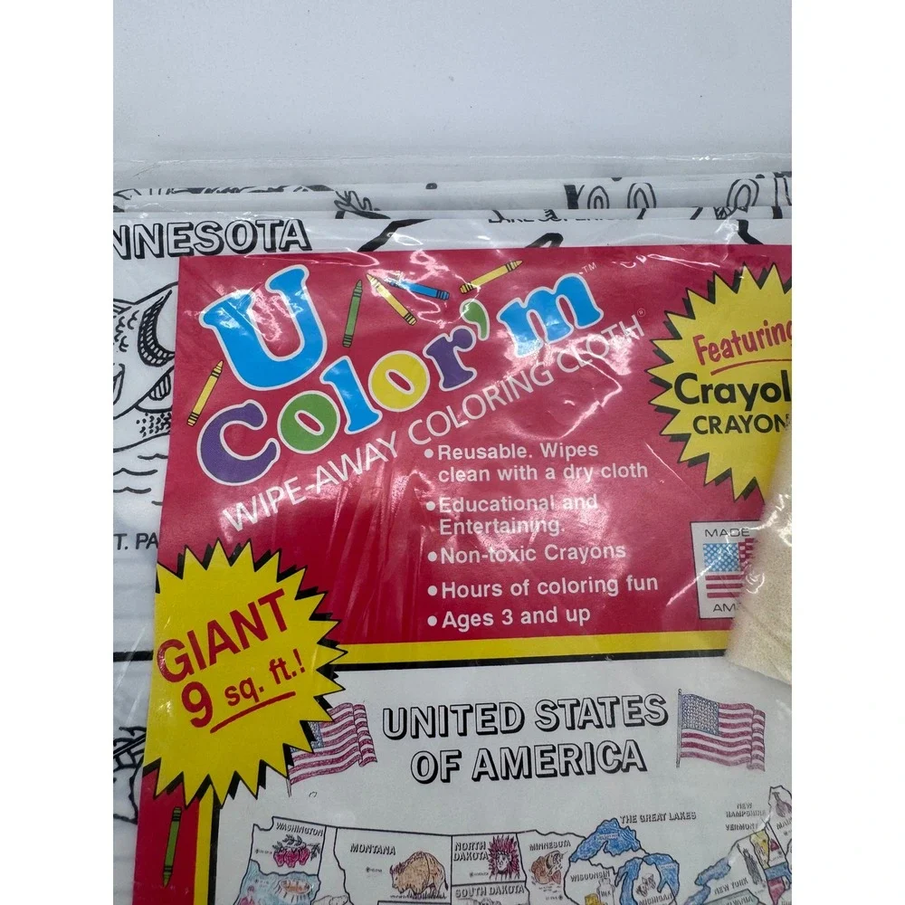 Educational Arts U Color'm Coloring Cloth Kids USA Map Crayons‎ Vintage 1993 New